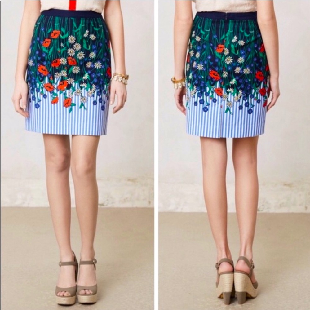 Anthropologie Blue Striped Pencil Skirt with Floral Embroidery